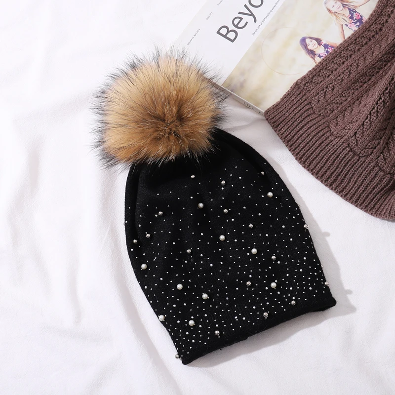 CNTANG Women Wool Knitted Hats Winter Warm Fashion Decorative Pearl Beanies Natural Raccoon Fur Pompom Hat Ladies Casual Cap 4