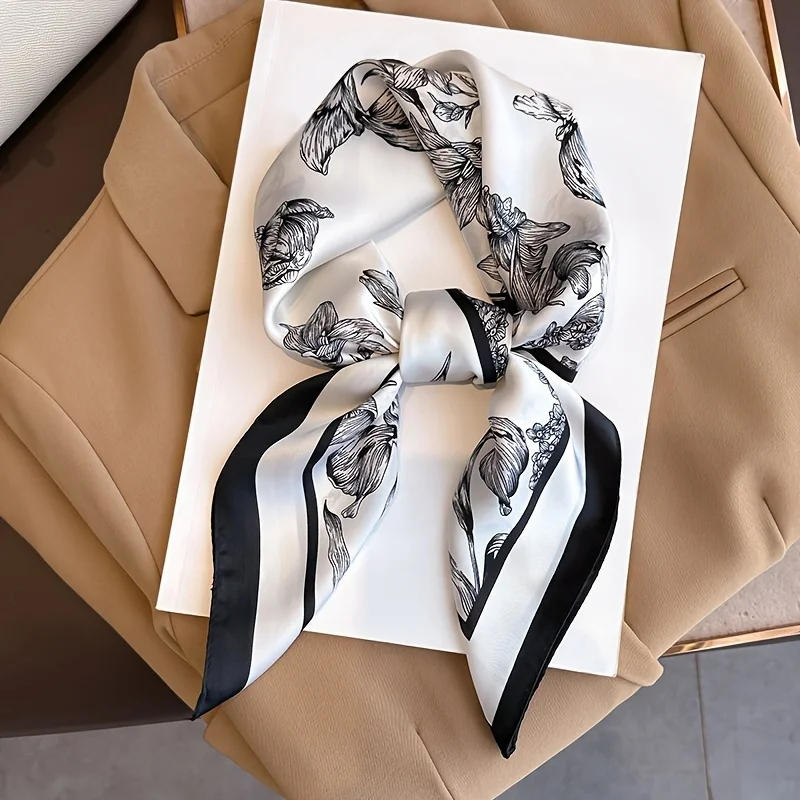 70 cm Siyah Beyaz Çiçek Desenli Eşarp Edebi Çiçek Mizaç Fular Elbise Aksesuarı Atkılar Şal Güneş Koruma Eşarp