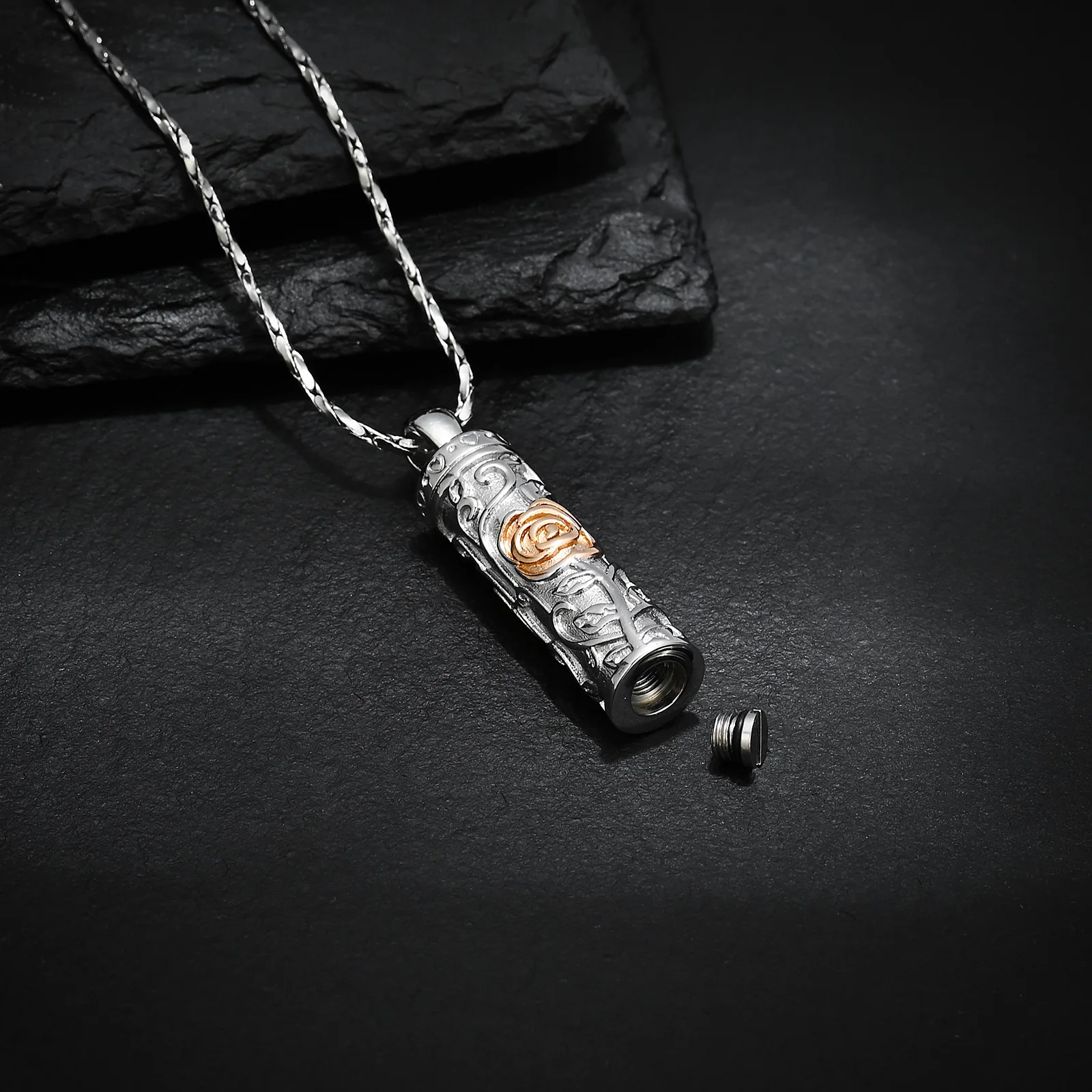 Rose Cylinder Small Urn Pendant Cremation Necklace For Human/Pet Ashes Women's Present Stainless Steel Memorial Ashes Jewelry