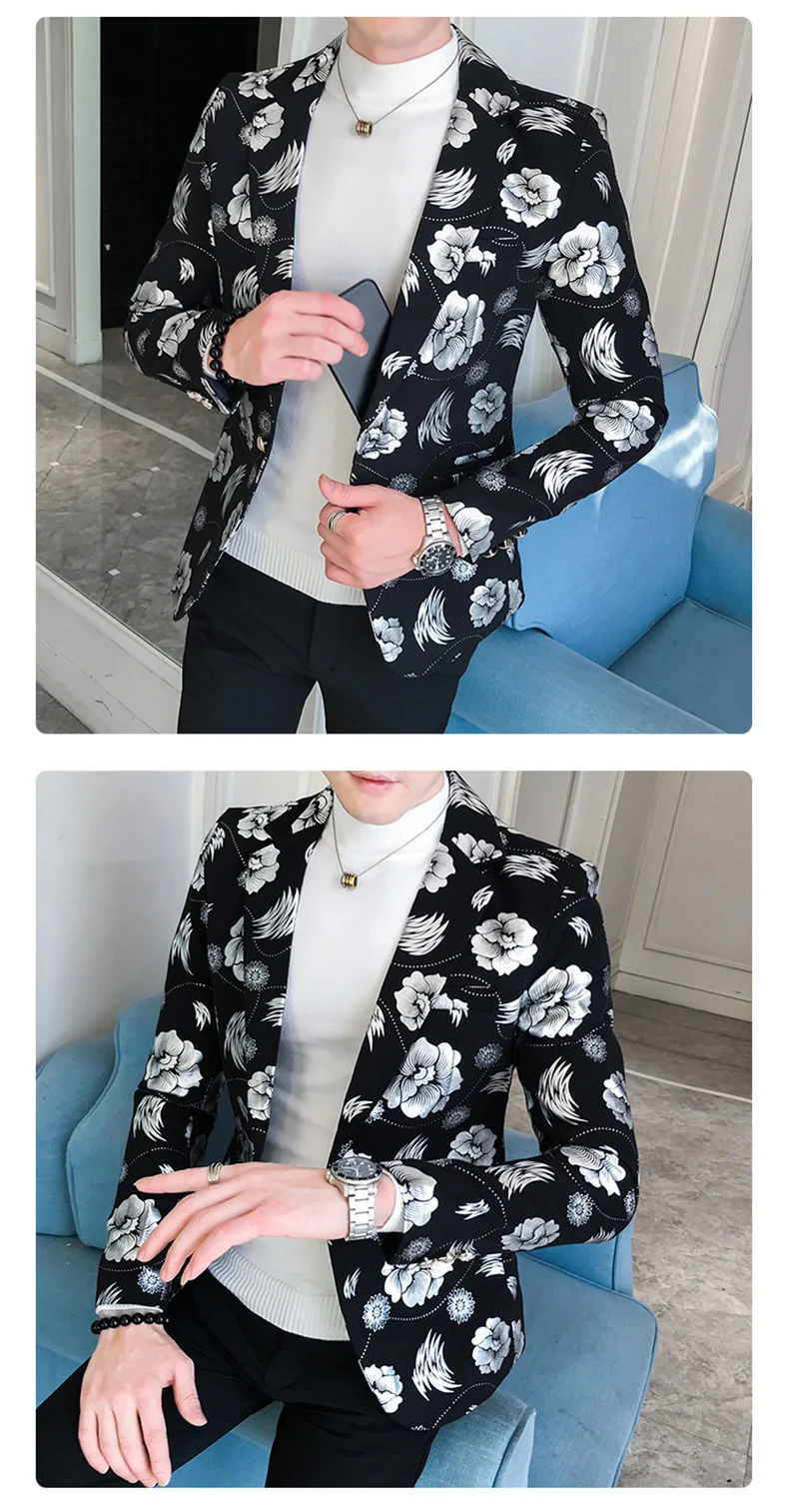 Printed Floral Blazers Mens Night Club Outfits Gold Rose Bomber Jackets Dress Jackets Blazer Masculino Chaqueta Hombre Formal sport coat