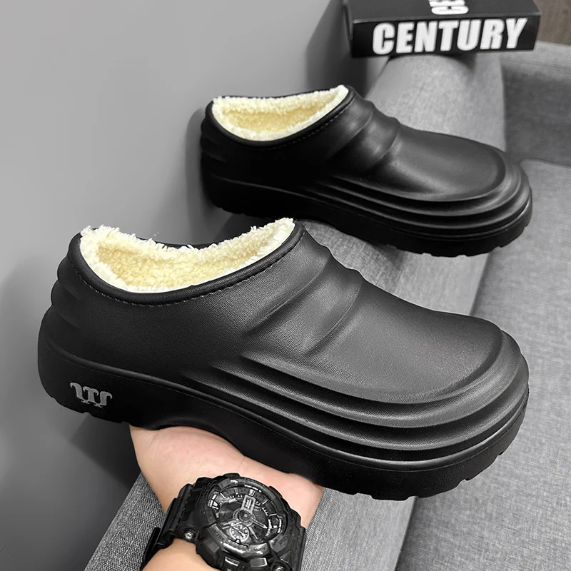 New Fashion Cotton Slippers Men Winter Warm Home Cotton Shoes Waterproof Garden Shoes Indoor Slip on Concise Shoes