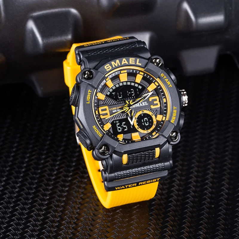 SMAEL Sport Watch For Men Waterproof 50M LED Chronograph Electronic Clock Dual Time Zone Quartz Military Wristwatches 8052