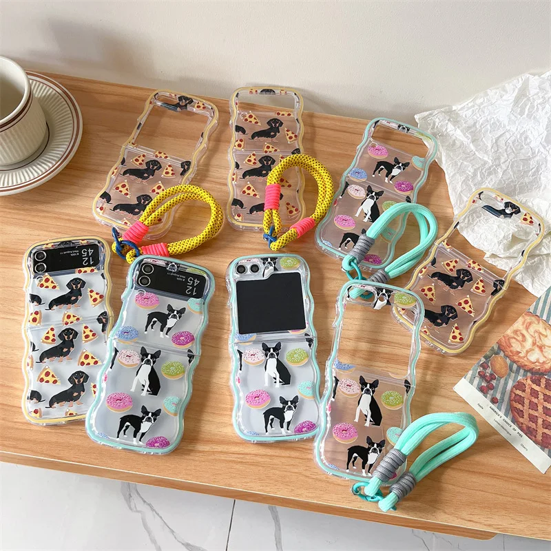 

Wave Edge Cartoon Dog Lanyard Phone Case for Samsung Galaxy Z Flip 5 4 3 Protective Back Cover for ZFlip3 ZFlip4 ZFlip5 Shell