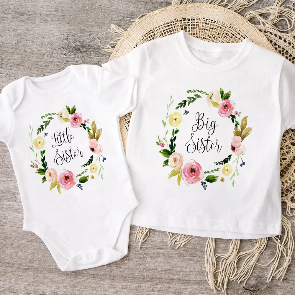 Flowers Wreath Print Big Sister Little Sister Family Matching Outfit Kids Clothes Short Sleeve T Shirt Baby Bodysuit Kids Romper 6