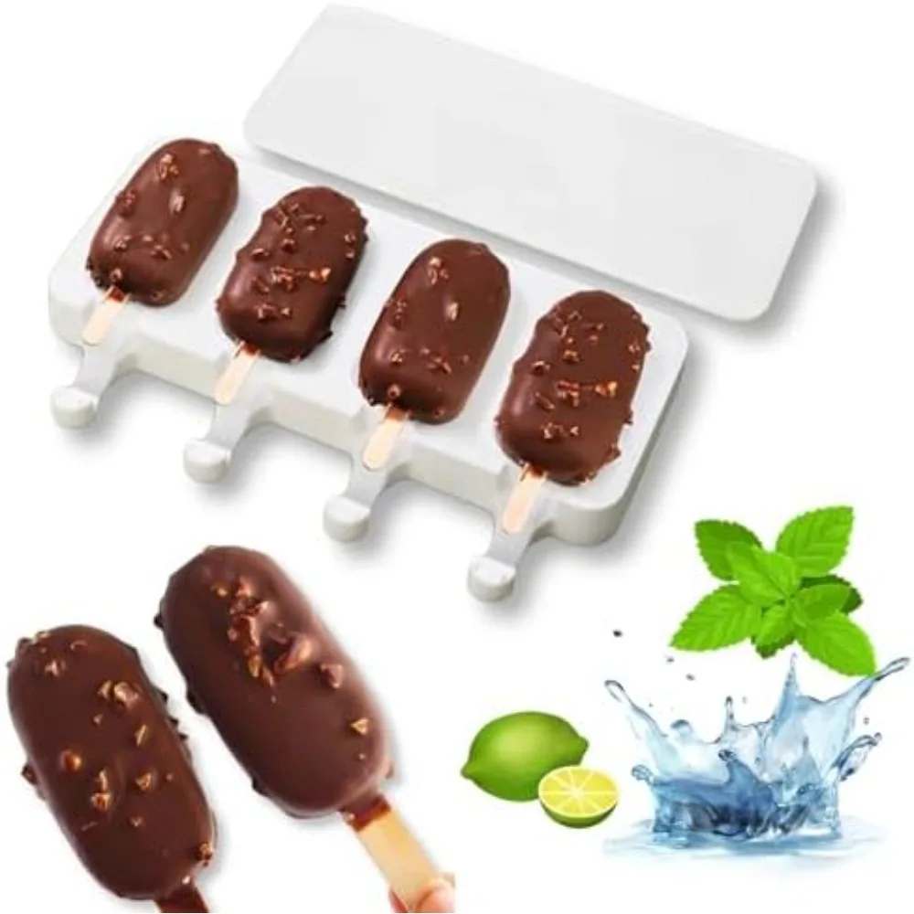 1pcs/set 4-grid Universal Silicone Mold DIY Ice Cream Homemade Tray with Wooden Sticks Easy Release Popsicle Ice Cream Makers