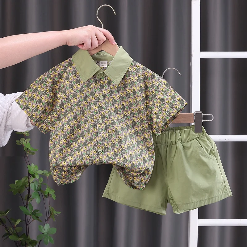 Tenues d'été Brother ajustables pour garçons et filles, ensemble chemise et short décontractés à fleurs, 2 pièces, 2023