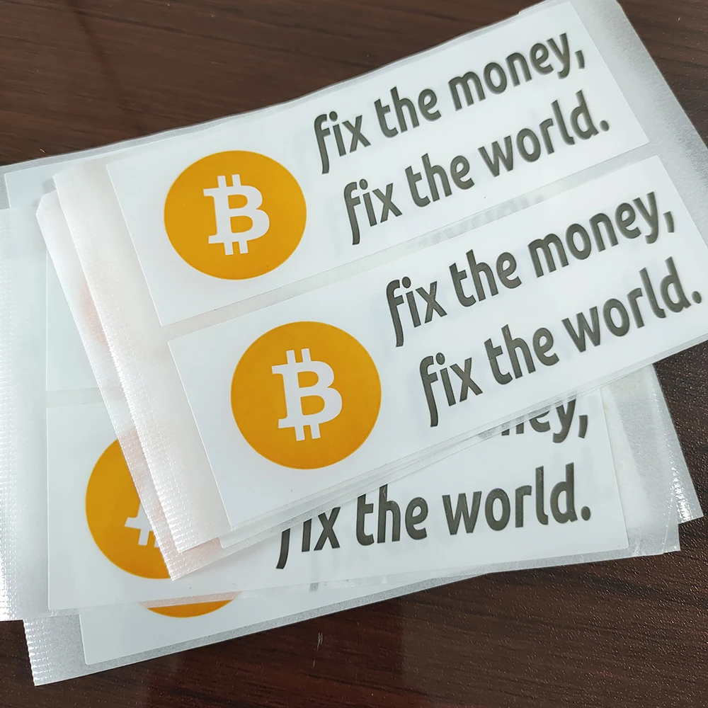 20pcs 100x35mm Bitcoin Fix the Money World Durable Waterproof Tear Proof Vinyl Label Stickers Cryptocurrency Fans Publicity