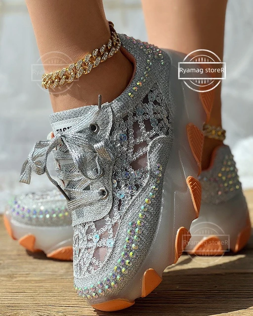 Womens Glitter Tennis Shoes Shiny Crystal Platform Sneakers