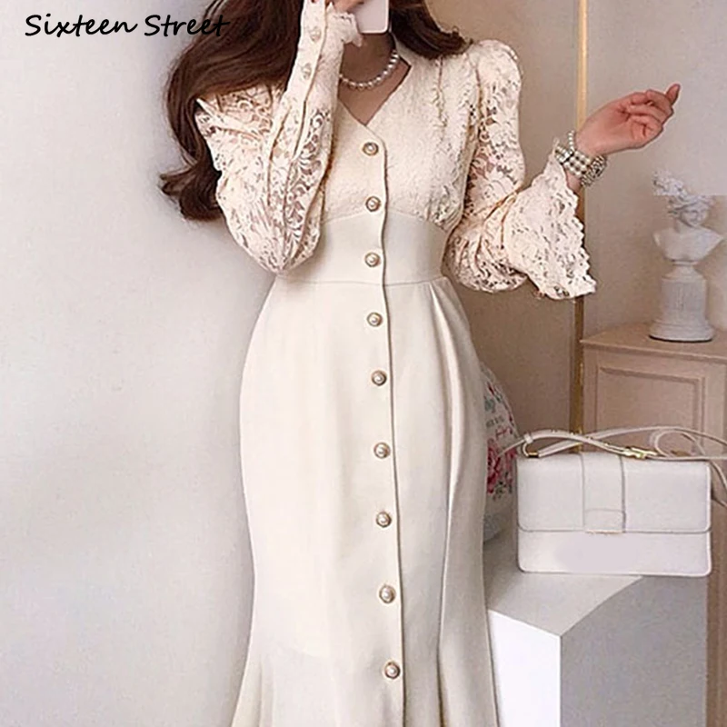 Apricot Lace Chic Dress Woman 2023 Spring Single Breasted Long Sleeve Party Dresses Office Ladies Korean Vestidos De Mujer Black