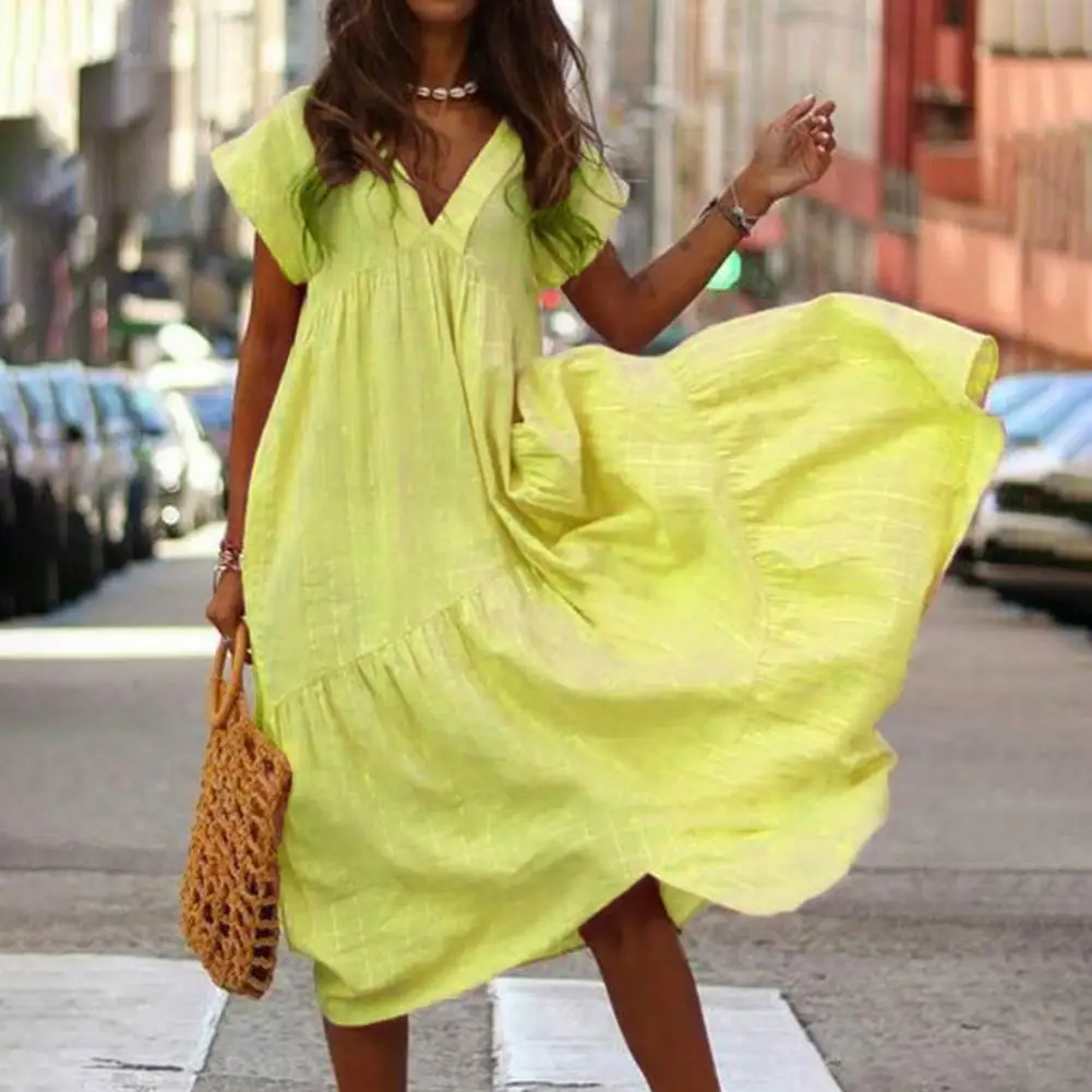 

Women Dress Solid Color Ruffles Summer Asymmetrical Large Hem Maxi Dress for Beach Female Sexy V Neck Sundress платье женское