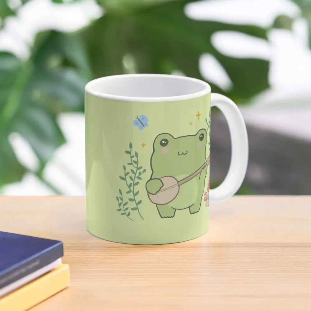 

Cute Kawaii Frog Playing Banjo - Toad Plant Fungi Blue Butterfly - Cottagecore Aesthetic Mushroom - Chubby Phrog - Fr Coffee Mug