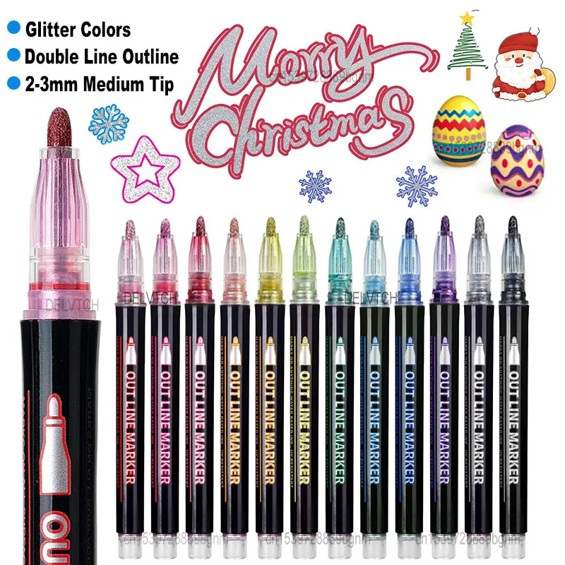 8/12/24/36 Color Double Line Outline Art Marker Pen for DIY Scrapbook Poster Cards Painting Drawing Graffiti Glitter Highlighter