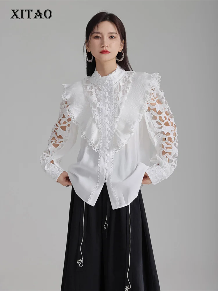 

XITAO Hollow Out Long Sleeve Shirt Solid Color Ruffles Splicing Stand Collar Women Top Loose Casual Fashion Shirt DMJ3763