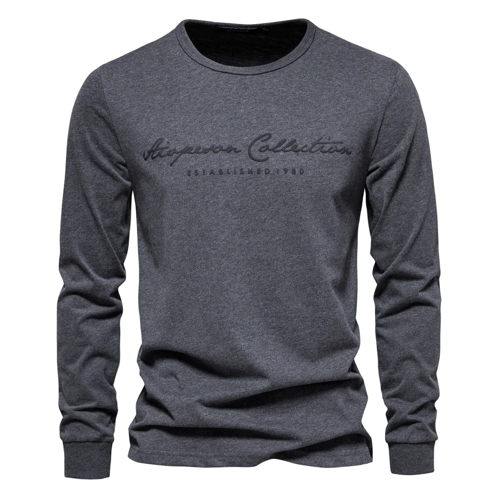 Cotton T Shirts Men Long Sleeve Solid Color Letter Print Casual Spring Tops