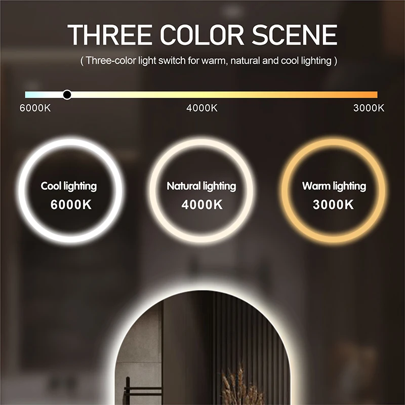 Oval Smart Vanity Bathroom Mirror High Quality Refection Three Color Brightness Dimmer With Anti-fog LED Hotel bath Mirror 3