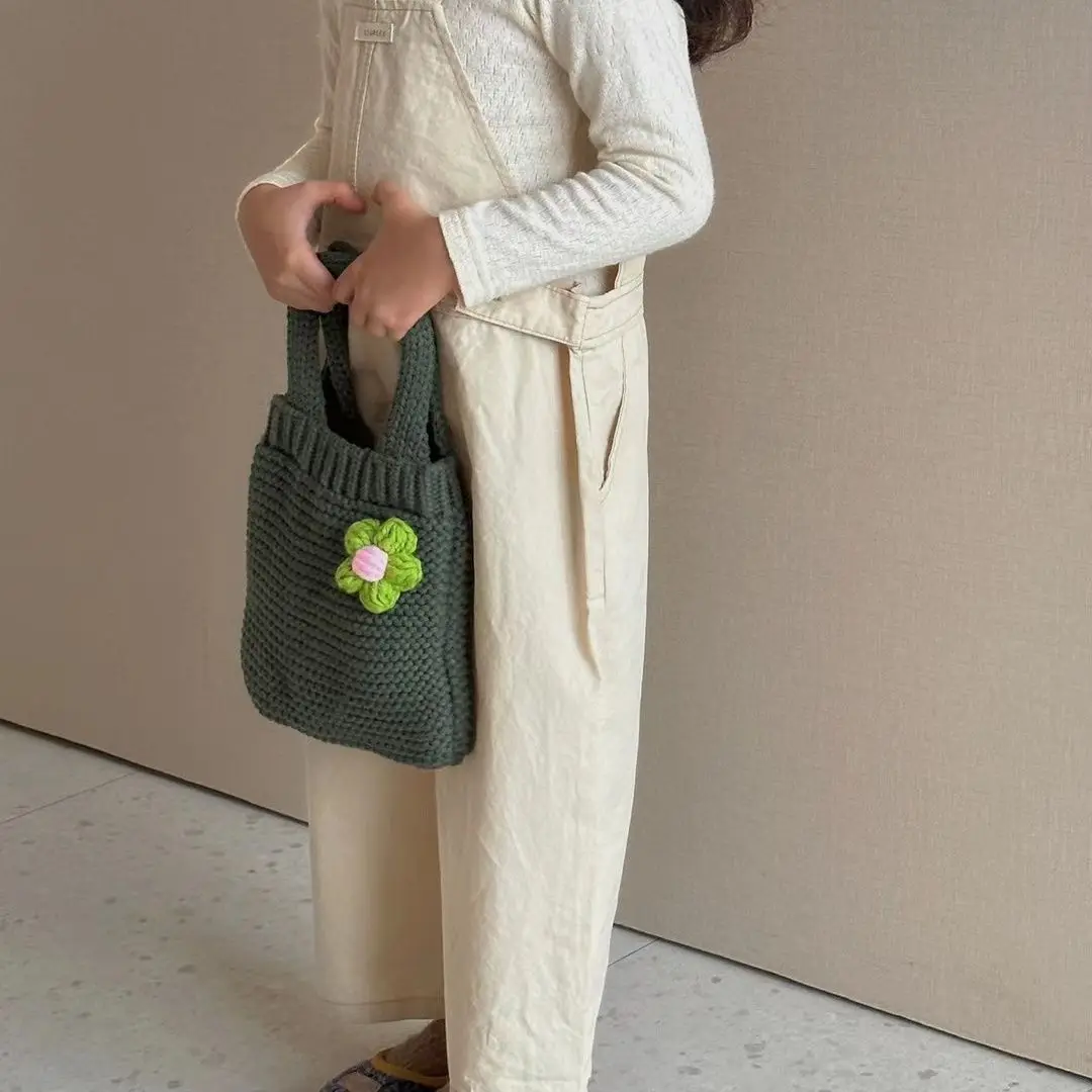 Kids Girls Cute Knitted Hand Bags Applique Solid Hand Bags Cute Photograph Prop Japanese Korean Style Kids Shoulder Bags 3