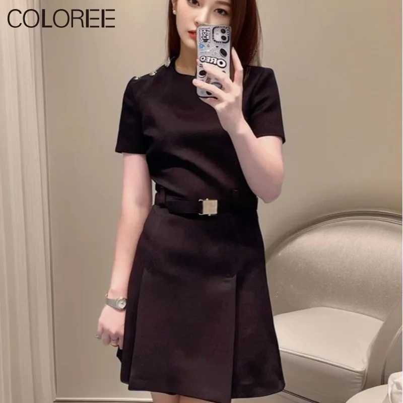

Luxury Designer Clothing Women 2023 Office Ladies Elegant Sashes O-neck Short Sleeve Mini Dress Black Vestidos Para Mujer