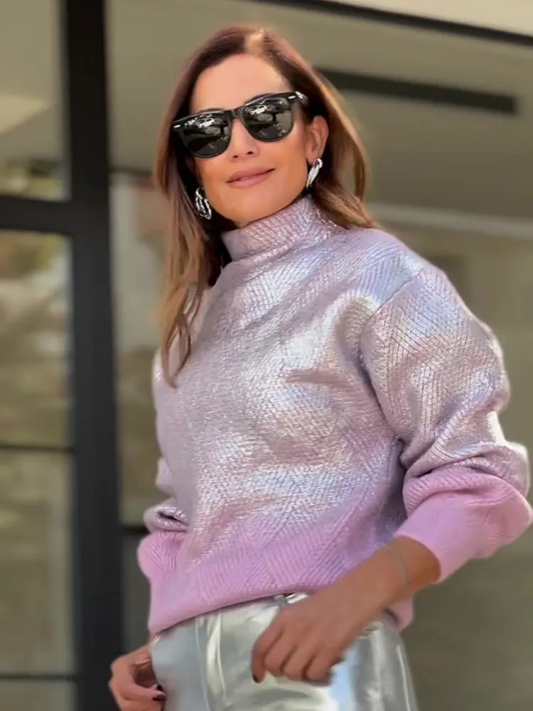 thumbnail image 1 of Suéter de cuello alto de manga larga con degradado brillante para mujer, suéter de punto holgado y cálido, tops de calle para desplazamientos diarios de otoño para mujer, 1 of 5