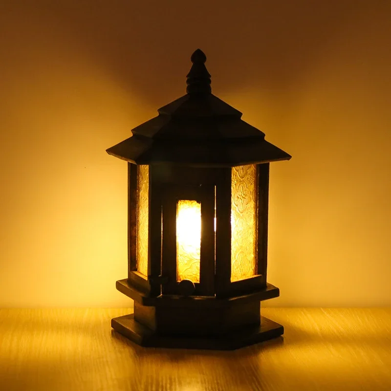 Natural Solid Wood Table Lamp, Thai Pattern Glass Round Bulb Interface, Pure Handmade Distressed Eco Friendly Wood, Garden Lamp