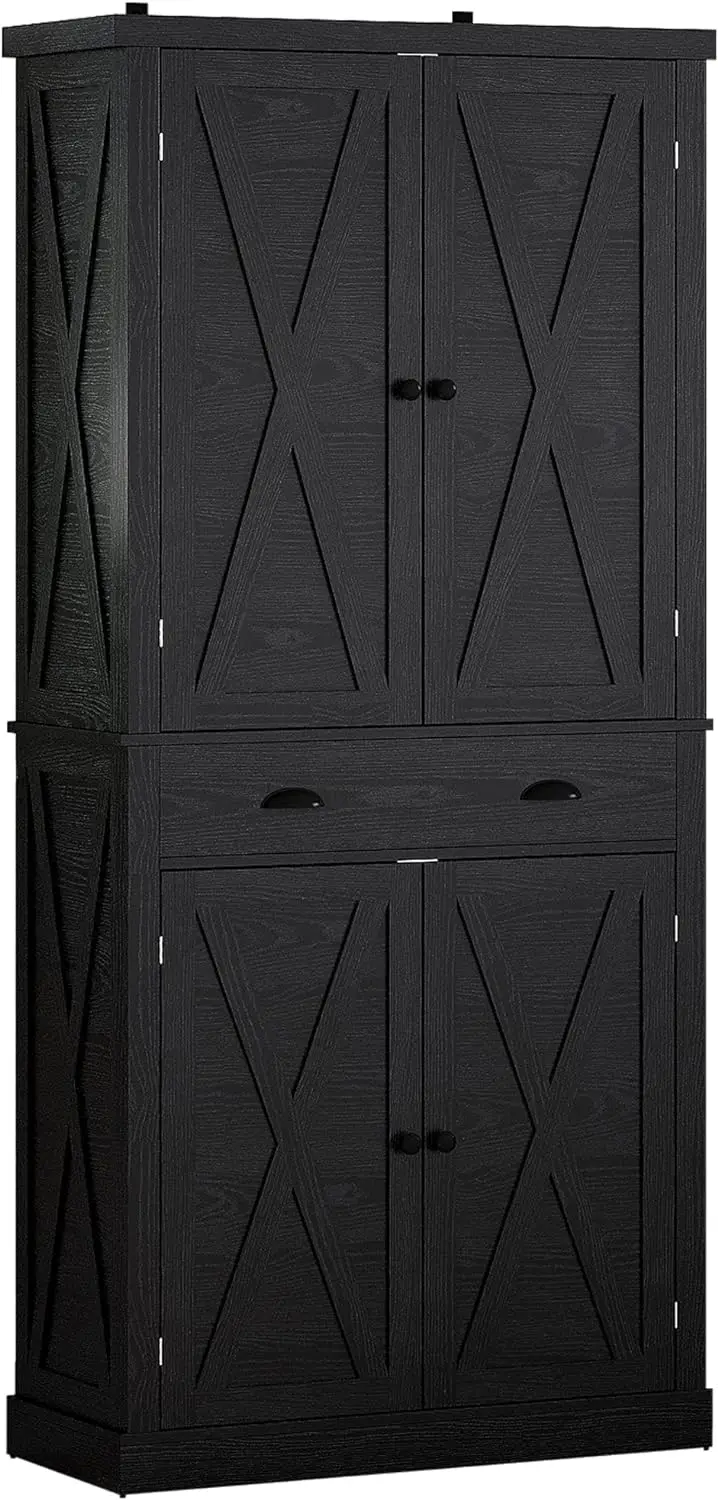 

IRONCK Kitchen Pantry 72" Height,Storage Cabinet with Drawer, 4 Adjustable Shelves, Barn Doors, Freestanding Cupboard, Black