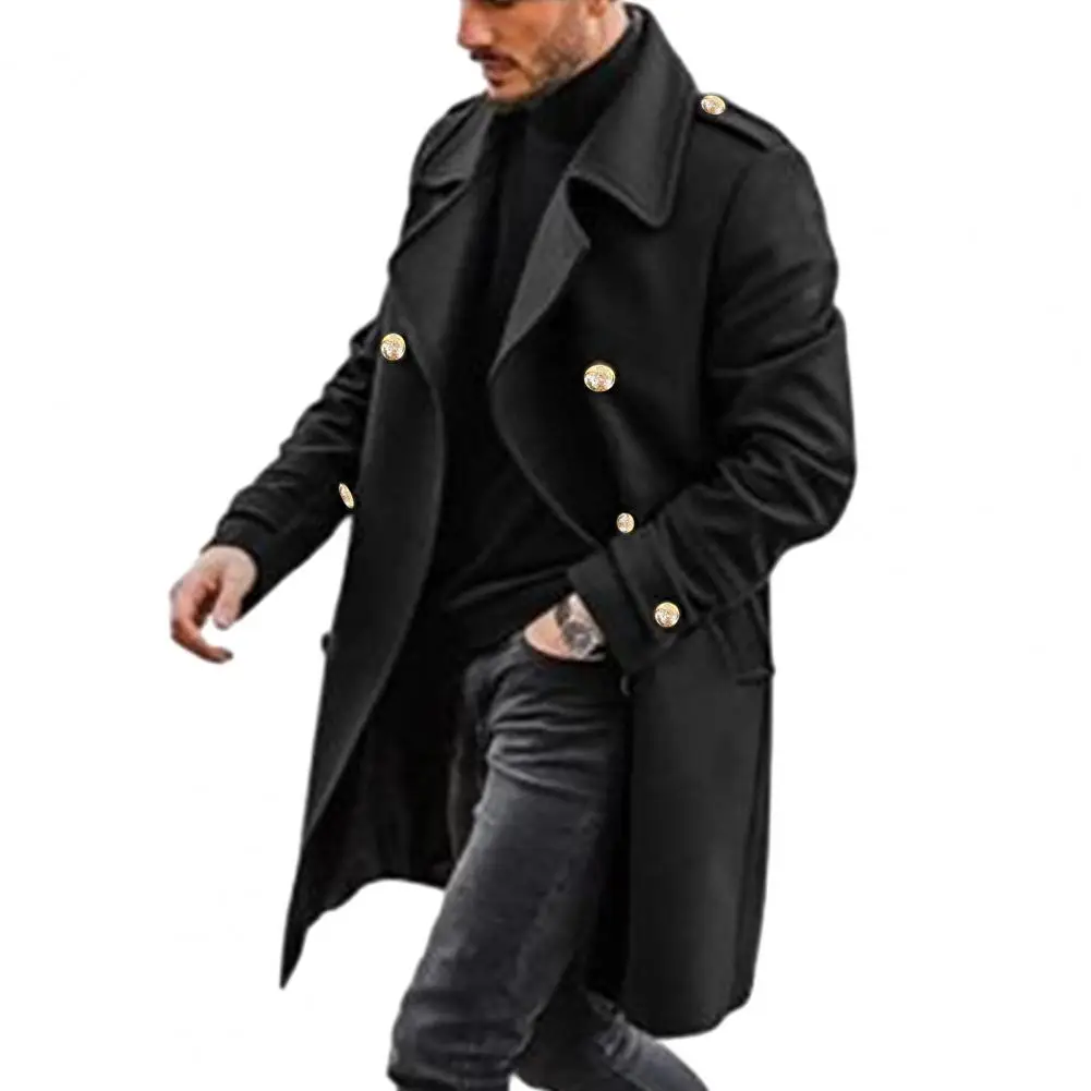 Men Fall Winter Overcoat Double-breasted Turn-down Collar Thick Mid Length Warm Pockets Streetwear Cardigan Men Trenchcoat