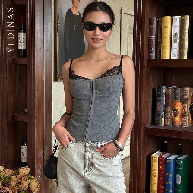 Yedinas Patchwork dentelle Camis sans manches été hauts Streetwear Sexy & Club débardeurs 2000s vêtements Y2k mode coréenne Camisole 1