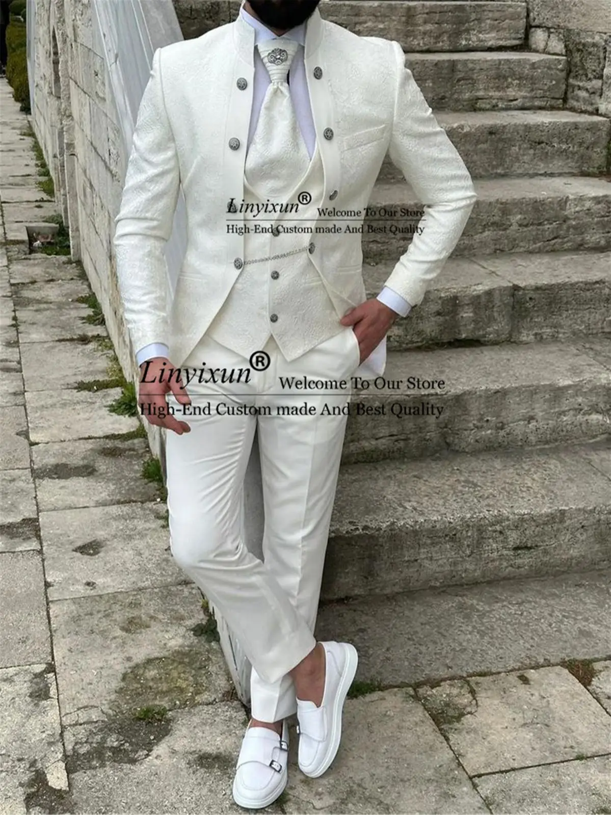 Classic Men Suits Mandarin Lapel Wedding Groom Tuxedos Beige Pattern Waistcoat Groomsman Blazer Terno Masculino