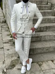 Classic Men Suits Mandarin Lapel Wedding Groom Tuxedos Beige Pattern Waistcoat Groomsman Blazer 3 Pieces Set Terno Masculino