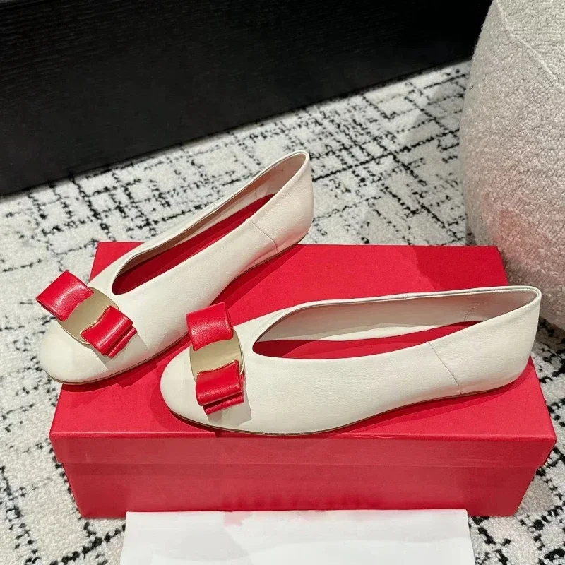 Flat handmade ballet shoes, leather, light round head, bow trim, light mouth women's slip-up shoes, 2024 4