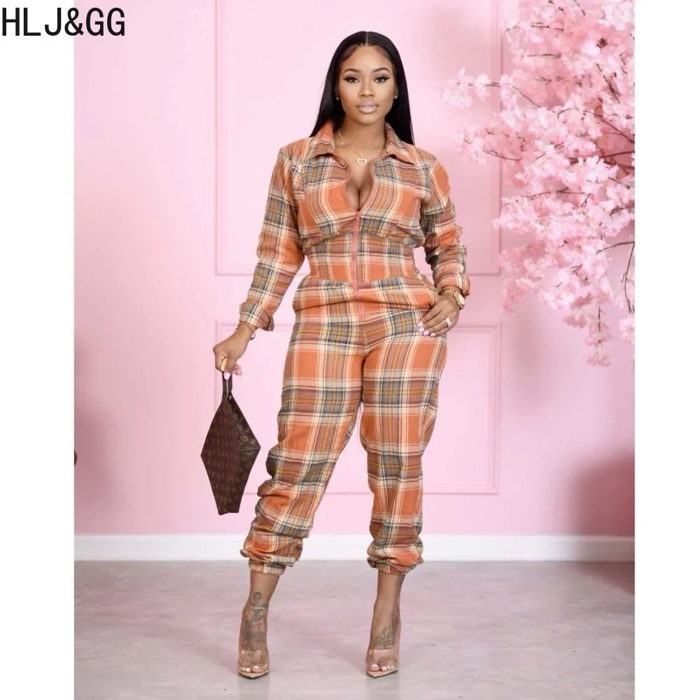 HLJ&GG Spring Casual Plaid Printing Zipper Loose Jumpsuits Women V Neck Long Sleeve Pocket Jogger Pants Playsuits Female Overall