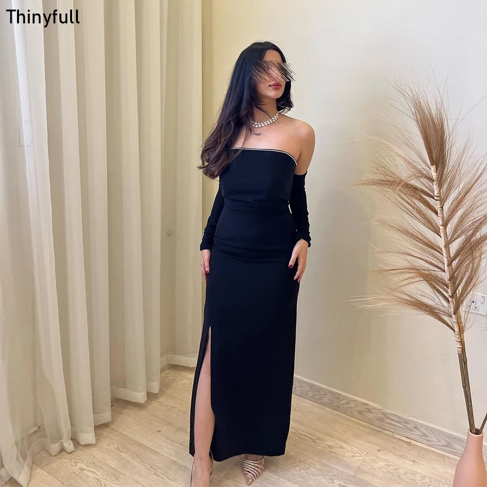 

Thinyfull Saudi Arabia Black Strapless Prom Dresses Off Shoulder Mermaid Party Gowns Split Long Simple Evening Celebrity Dress