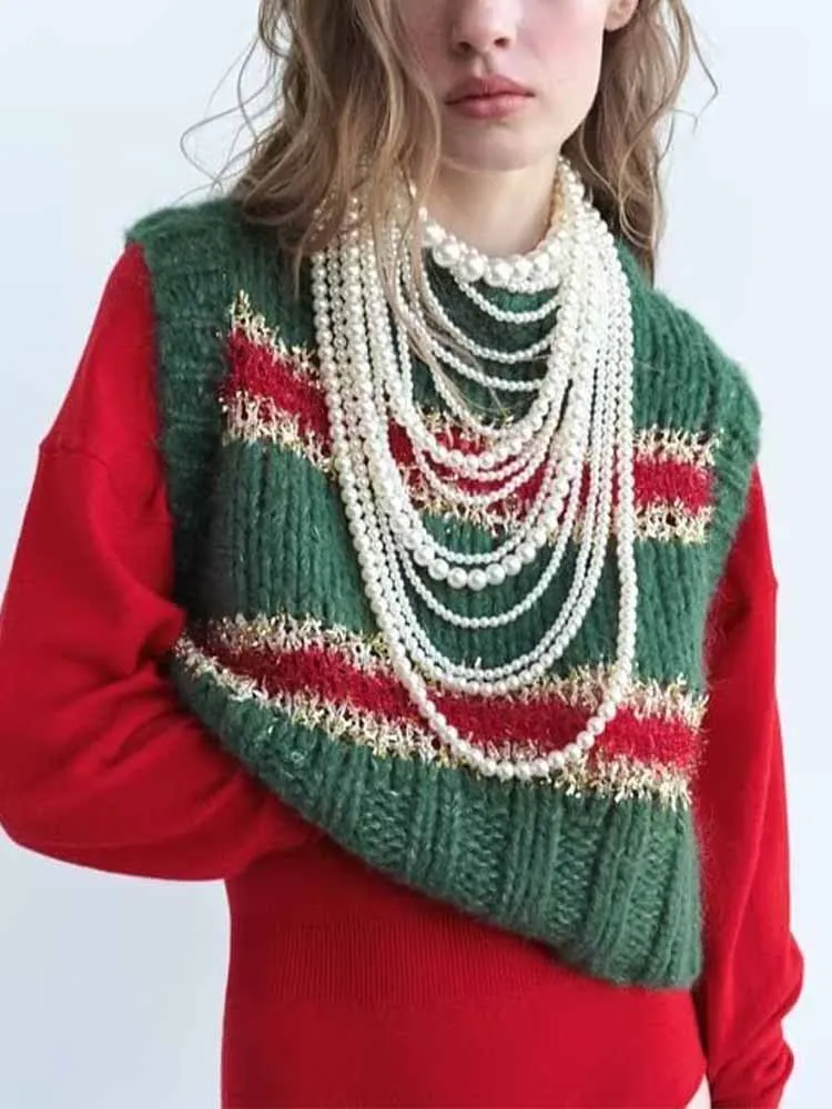 

Autumn new women's fashion European and American casual versatile trendy striped knitted vest