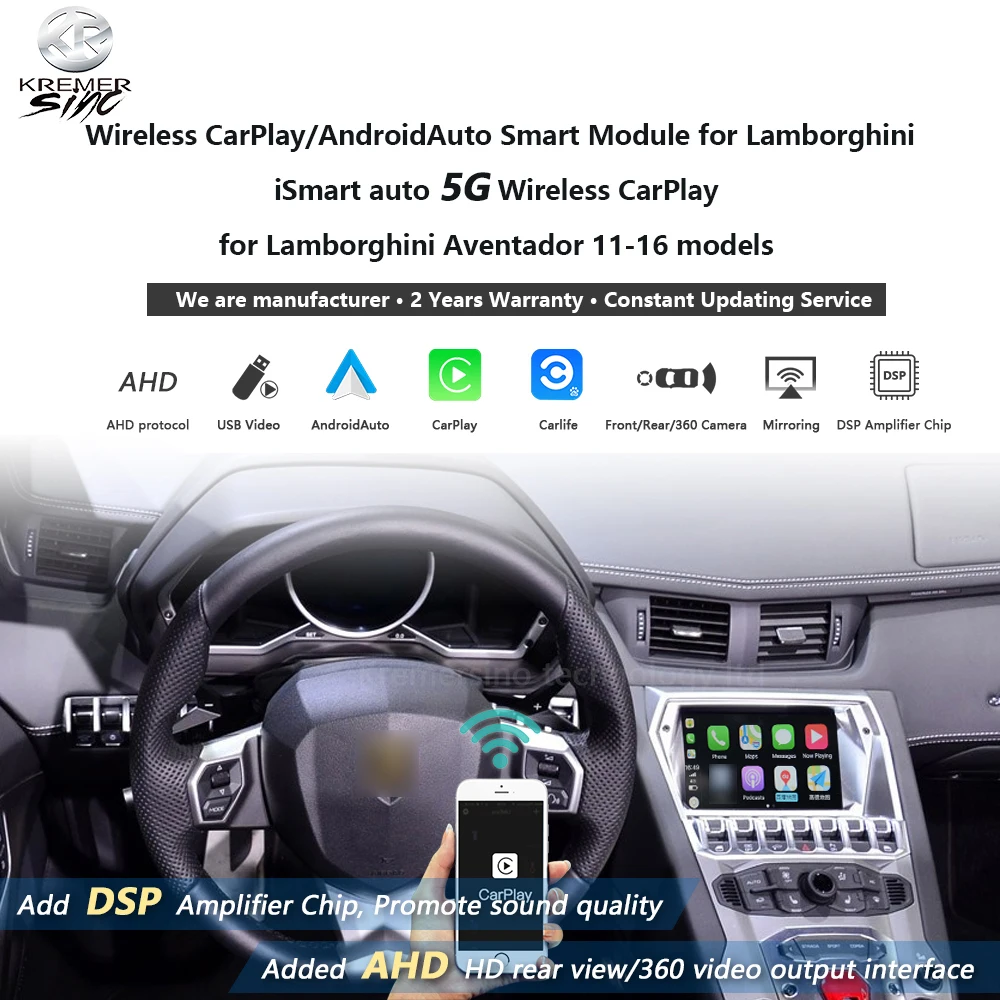 

Wireless CarPlay Android Auto Retrofit for Lamborghini Gallardo Aventador 11-16 Models Support Google Assistant Airplay