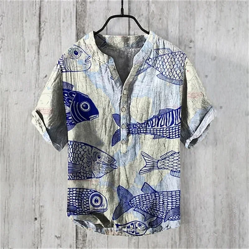 New Hawaiian men's linen shirt V-neck short sleeved shirt 3D digital printed casual loose men's shirt 6
