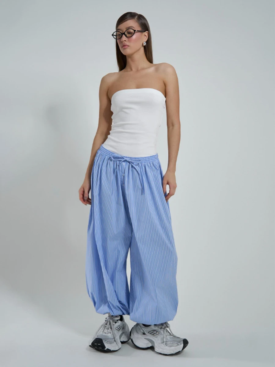 Bornladies 2025 Summer Women's Cotton Blue Thin Striped Baggy Lantern Pants Elastic Waist Casual Street Trousers