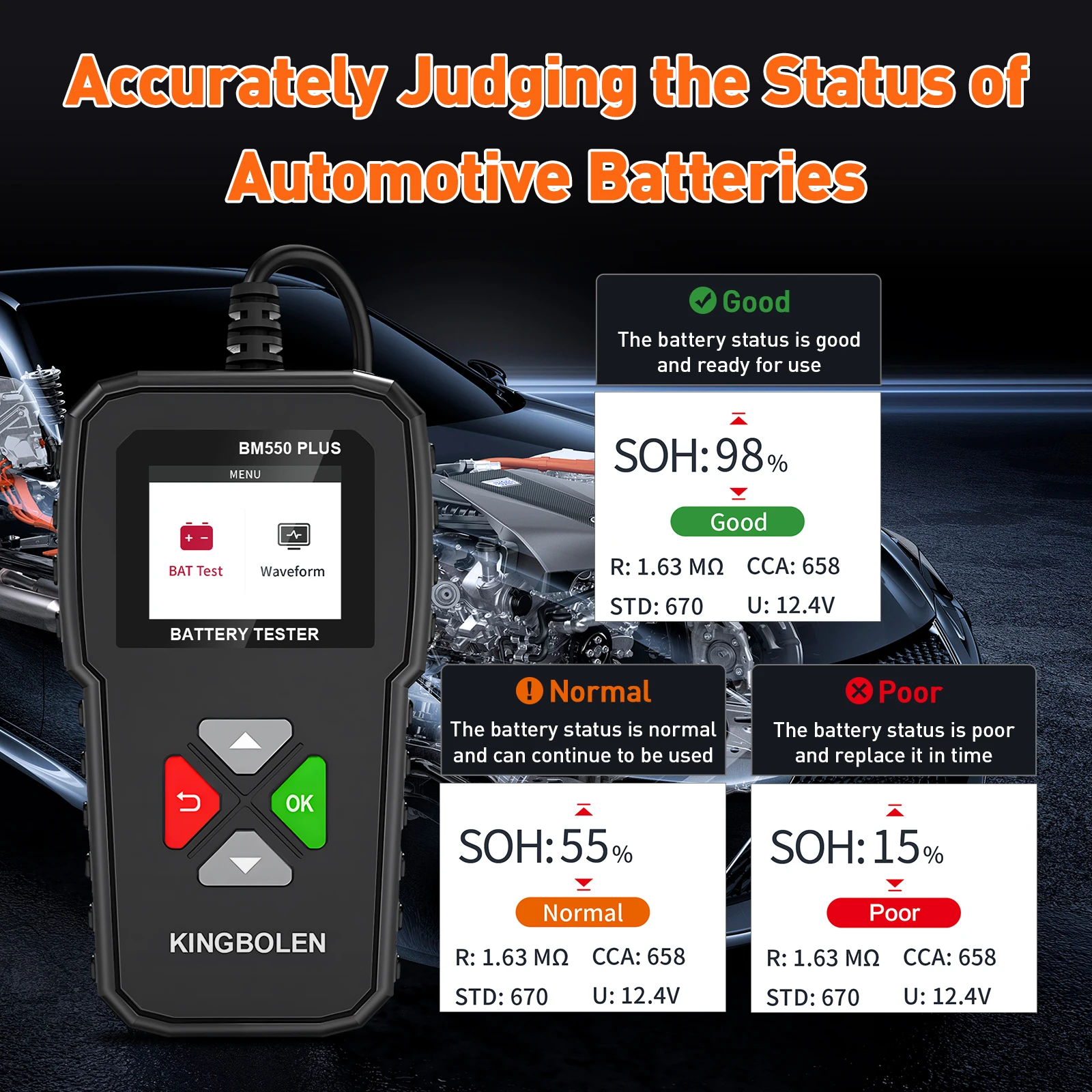 KINGBOLEN BM550 PLUS Car Battery Tester 6V 12V 24V CCA SOC Waveform Test Color Screen Auto Battery System Detect Analyzer Tools 3
