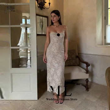 Abito da sera elegante ML senza spalline, lunghezza midi, con paillettes, pizzo, perline e applicazioni, modello a tubino, senza schienale, per invitati a matrimoni