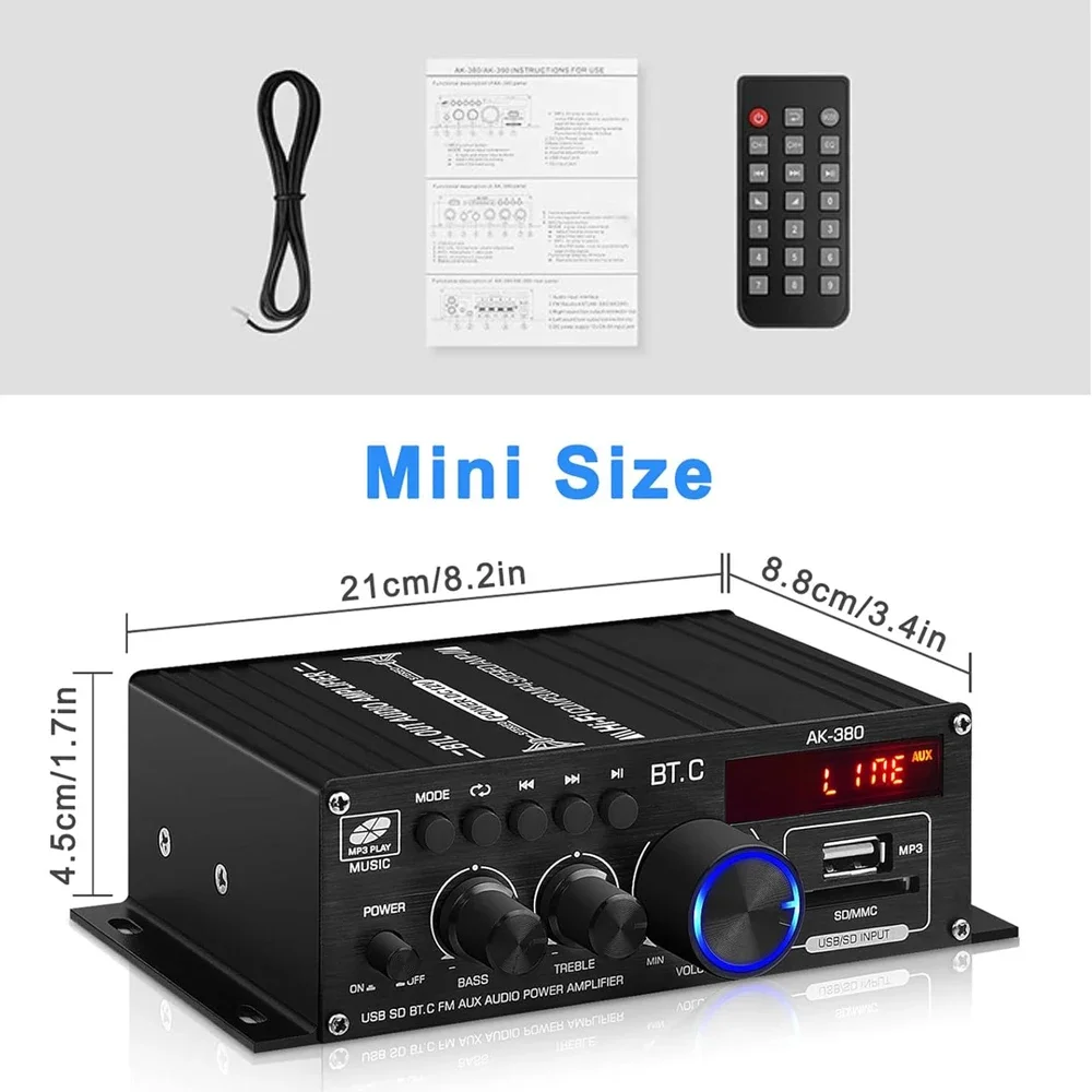 AK-380 블루투스 5.0 가정용 오디오 앰프, HIFI 2.0 채널 앰프, 지지대 USB AUX SD 카드 입력, 가정용 AV 시스템에 적합