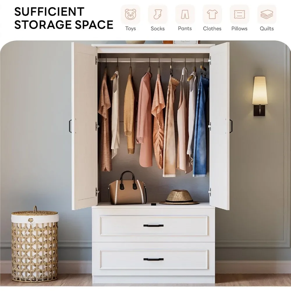 NEW-Armoire Wardrobe Closet with 2 Doors and 2 Drawers 70" H x 36" W Wooden Bedroom Freestanding Wardrobe Combination for Hangin