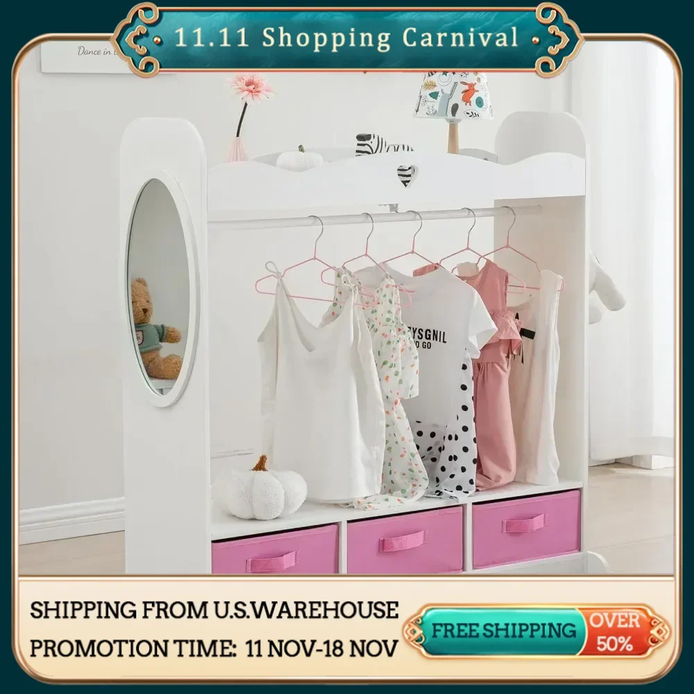 Kids Armoire Dress-Up Closet with Mirror, Open Hanging Wardrobe with Clothes Rack, Toddlers Pretend Costume Storage Dresser