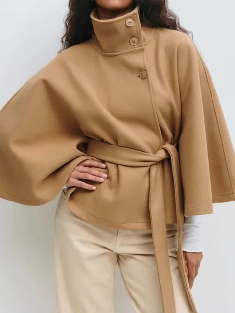 Casual Y2K Coats Women's Autumn Winter New Fashion Solid Color Cloak Stand Collar Button Belt Windbreaker Jacket Women Clothes 1