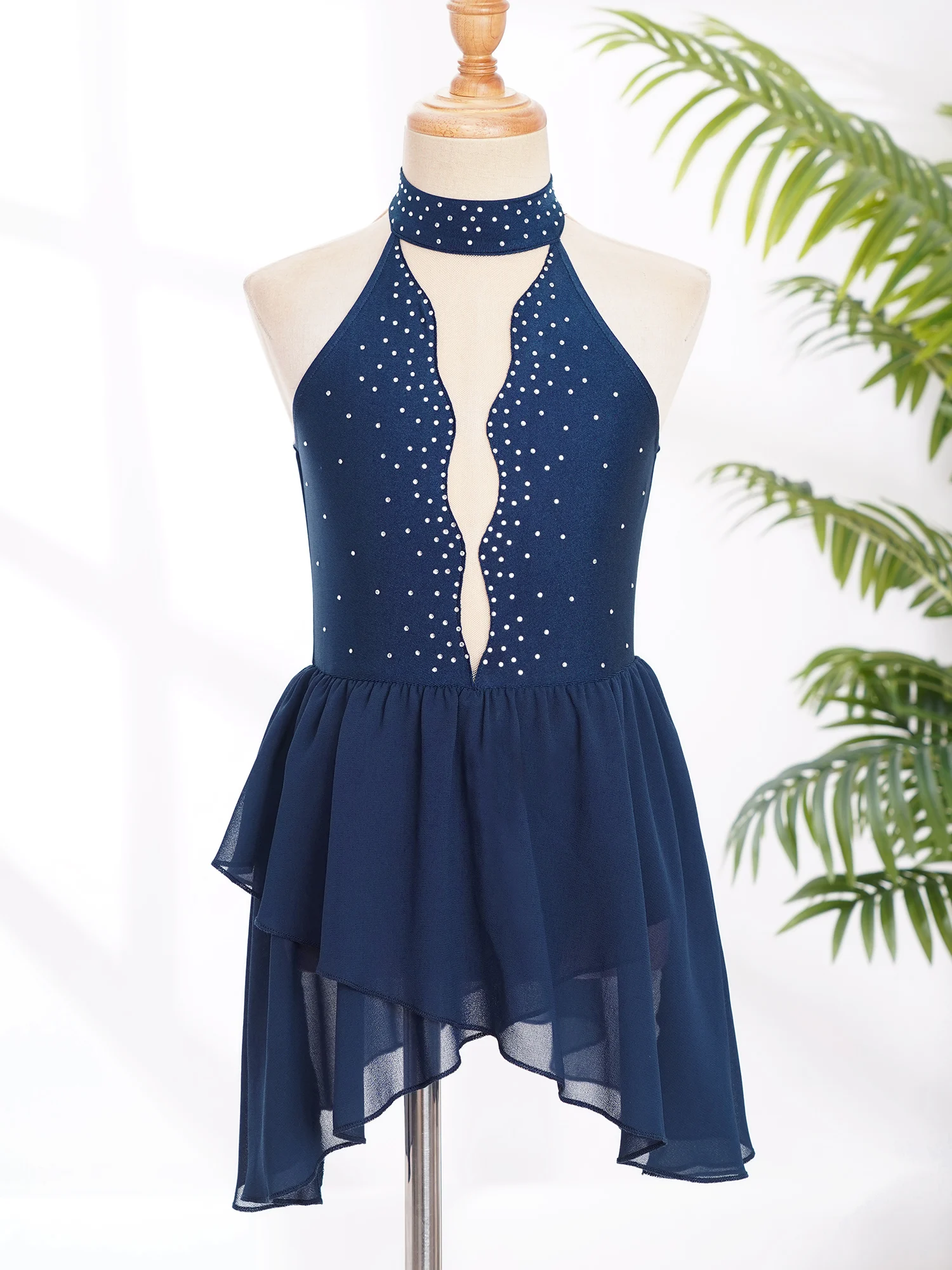 Mädchen Eiskunstlauf Kleid Lyrical Dance Ballett Gymnastik Performance Dancewear Ärmellose Strass Mesh Trikot Kleider – Detail 23