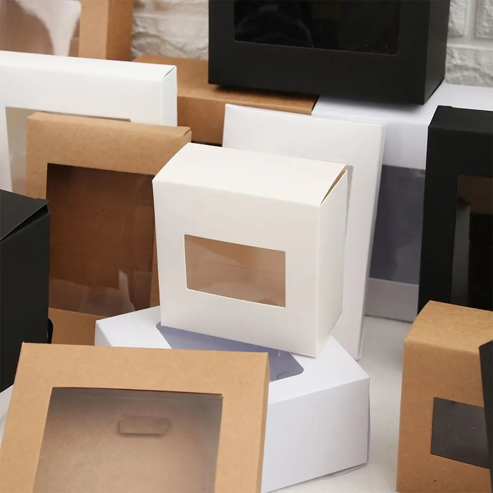 10 Stück Vintage Kraft papier Geschenk box DIY Süßigkeiten Wickelt asche Kuchen Paket klar PVC Fenster Box Party liefern Hochzeits bevorzugungen – Detail 13
