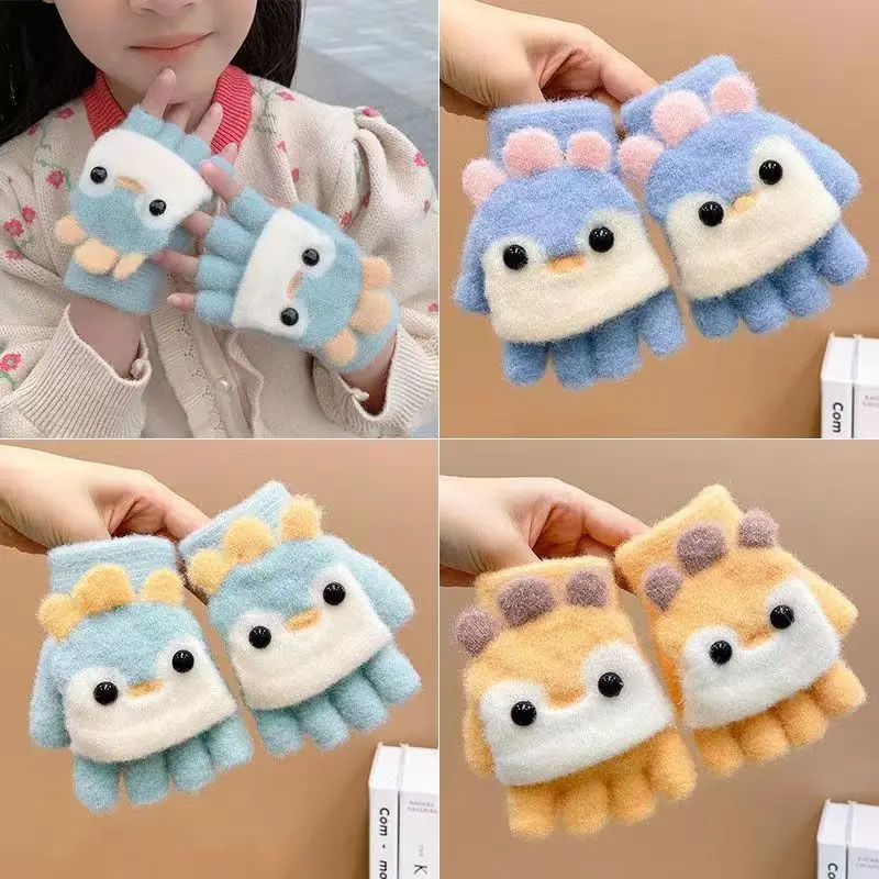 Kids Cartoon Flip Gloves Winter Thick Warm Boy Girl Half Finger Mittens Outdoor Windproof Children Writing Five Finger Gloves winter gloves ski gloves baby mittens leather gloves paw patrol gloves anti scratching gloves cat gloves halloween gloves children dance gloves girls satin gloves