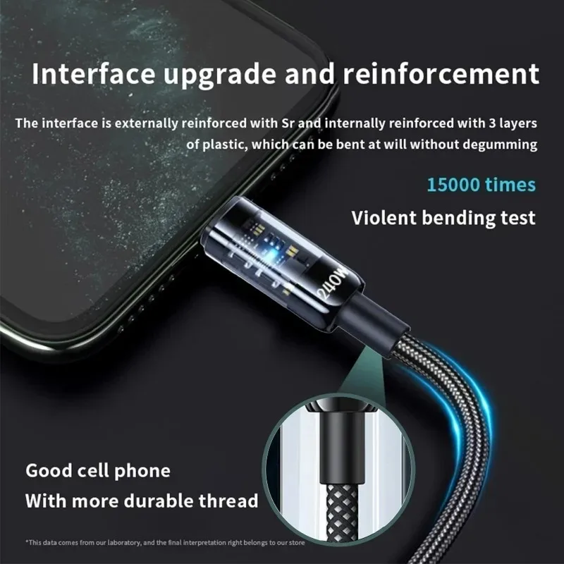 NNBILI 240W 나일론 A-C 및 C-C 고속 충전 데이터 케이블은 LED 조명이 있는 삼성 화웨이 C-C 및 A-C 케이블에 적합합니다.