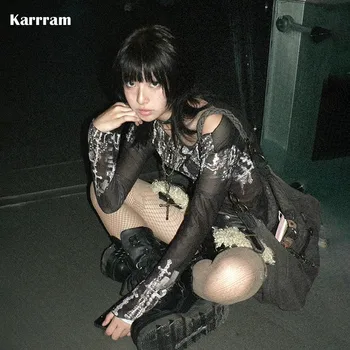 Karrram Grunge Aesthetics Mesh Tops Japanese Y2k Tattoo Print Sheer Tops Vintage Harajuku See Through Long Sleeve T-shirt Gothic 1