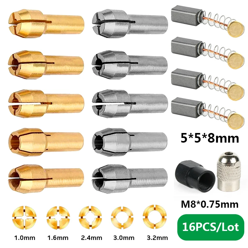 16PCS/Lot Drill Chuck Collet Set 1.0-3.2mm 4.3 Shank Carbon Brush Chucks Adapter for Dremel Rotary Tool Power Tool Accessory