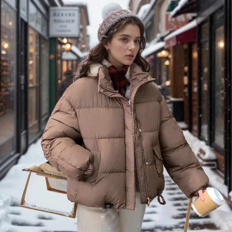 Winter Women's Down Cotton Padded Jackets Stylish Stand Collar Solid Color Casual Thicken For Warm Loose-Fitting Coat