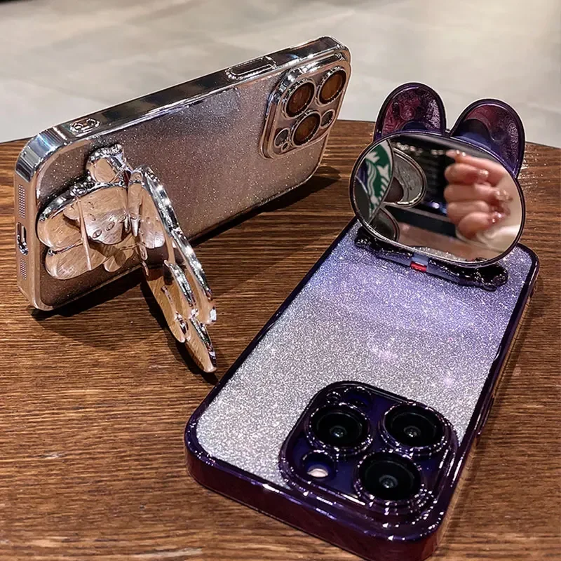 Luxury Fashion Glitter Plating Mirror Rabbit Holder Shockproof TPU Case