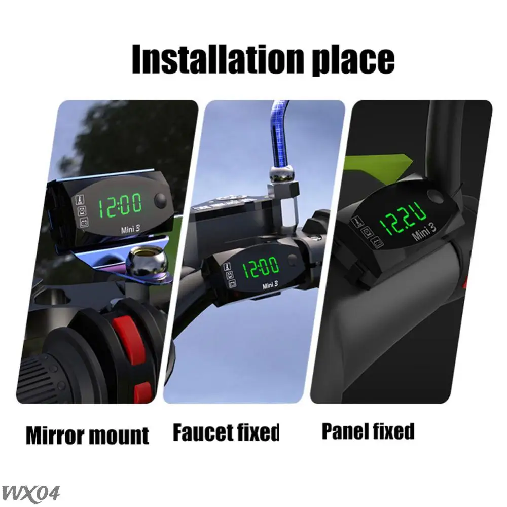 12V Moto Temperature Clock Dust-proof 3 in 1 Motobike Thermometer Voltmeter Digital Display Universal LED Voltmeter
